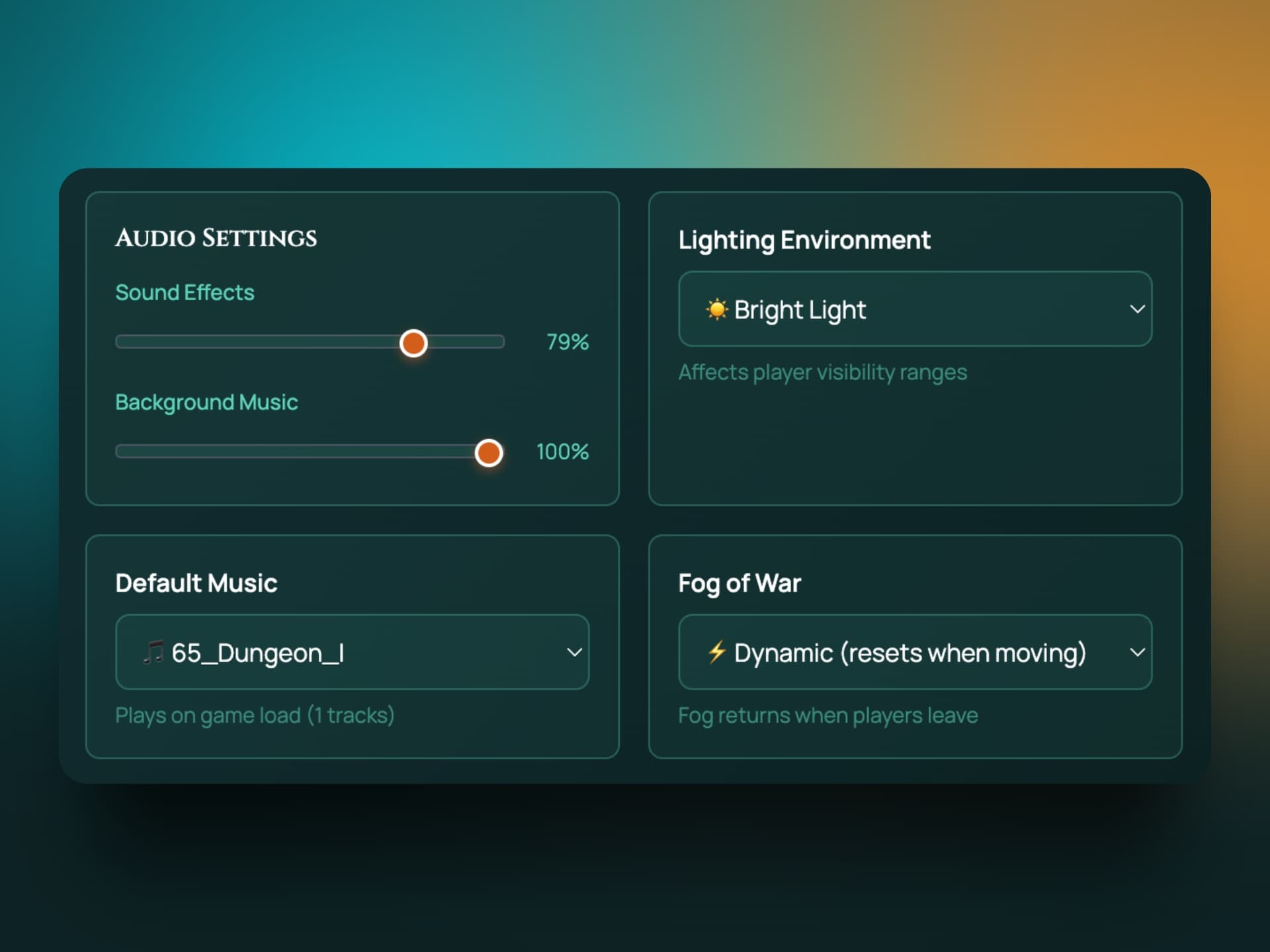 Screenshot: the audio and scene settings panel with sound effects and background music sliders, a default music track picker, lighting environment and fog of war mode