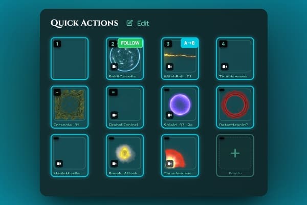 Screenshot: the Quick Actions HUD, a grid of twelve numbered slots holding spell and attack effects ready to trigger by keyboard shortcut