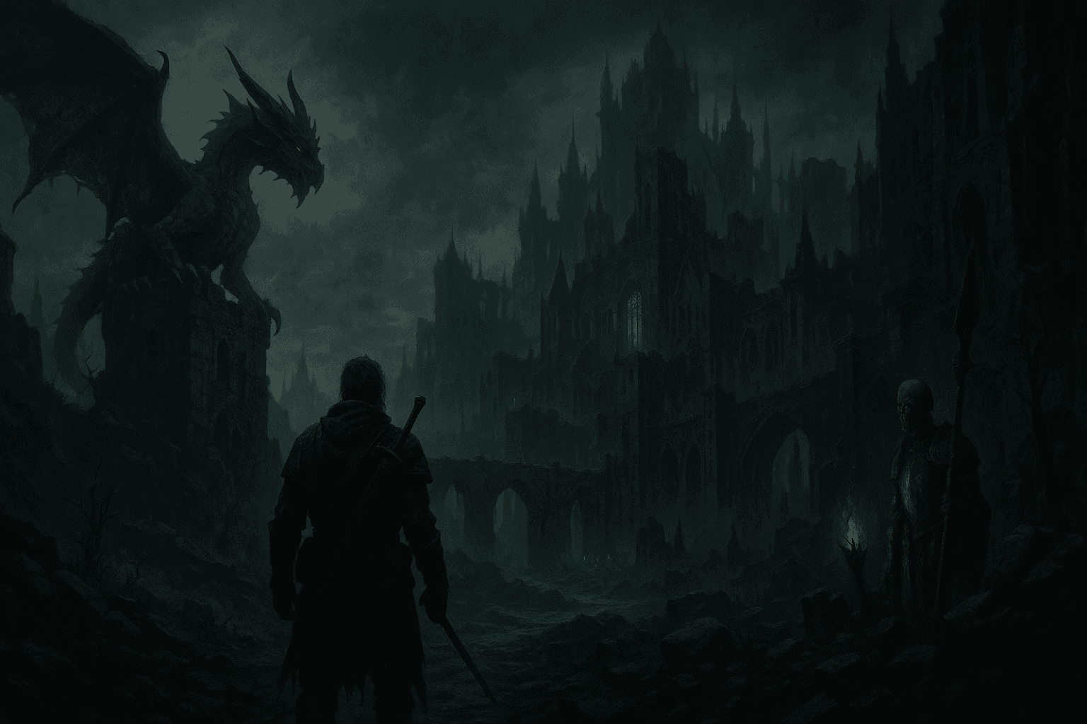 A lone armoured adventurer looks out over a ruined gothic city at dusk, a dragon perched on the rubble above and a lantern-lit skeleton standing guard