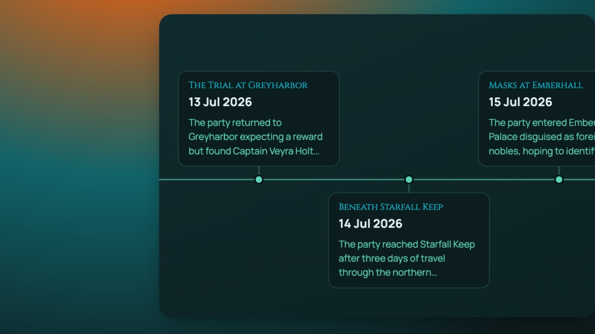 Screenshot: the campaign journal timeline, with dated session entries such as The Trial at Greyharbor arranged along a horizontal thread