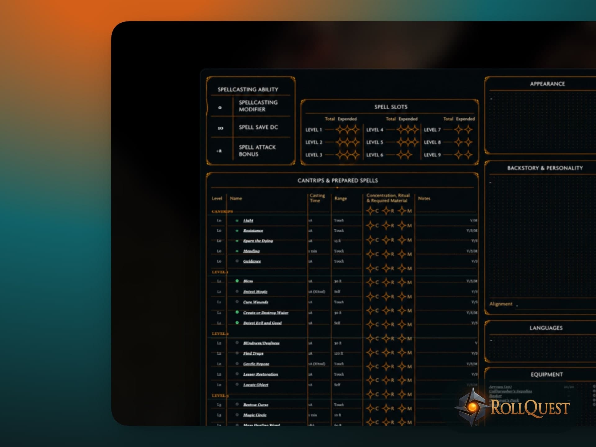 A DnD 5e character sheet in RollQuest showing spellcasting ability, spell slots by level, and a scrolling list of cantrips and prepared spells with casting time and range