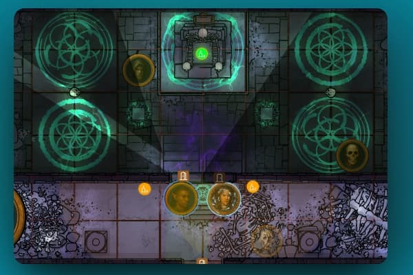 Screenshot: a dungeon map where fog of war hides most of the room, with a cone of torchlight from a party token revealing glowing summoning circles