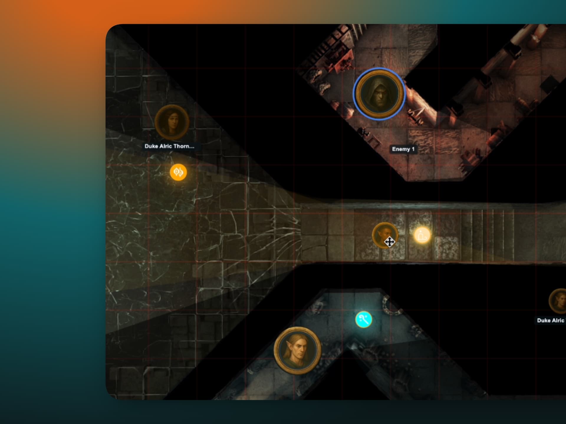 Screenshot: a dungeon corridor lit by individual token light sources, with hard shadows leaving the rest of the map in darkness