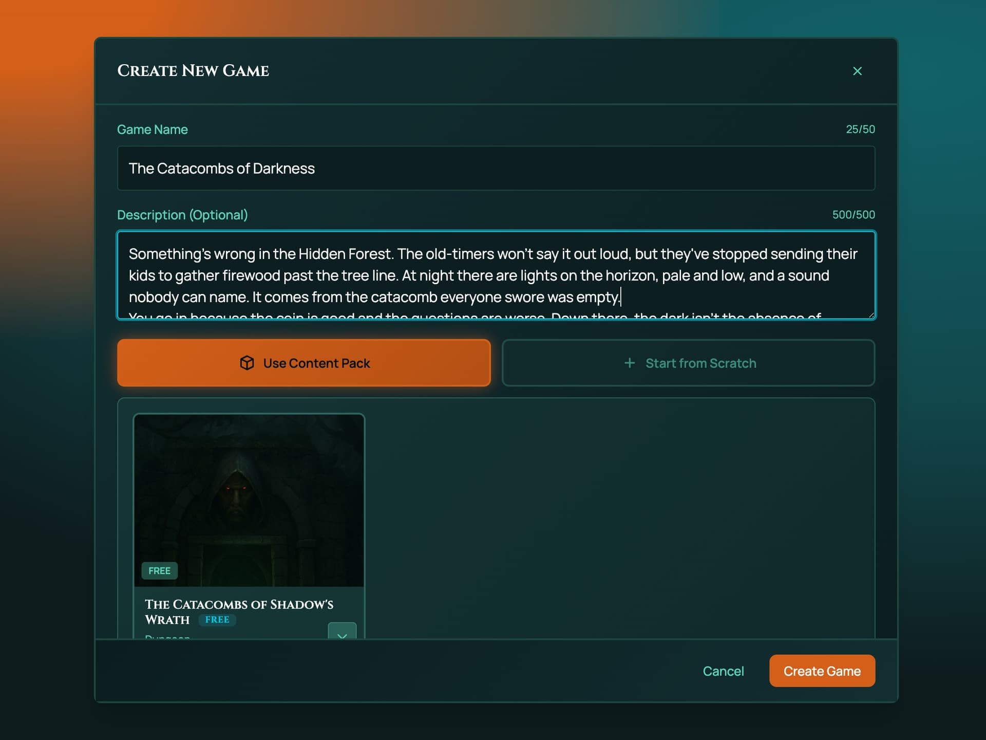 Screenshot: the Create New Game dialog with a campaign name and description filled in, offering a choice between using a content pack or starting from scratch