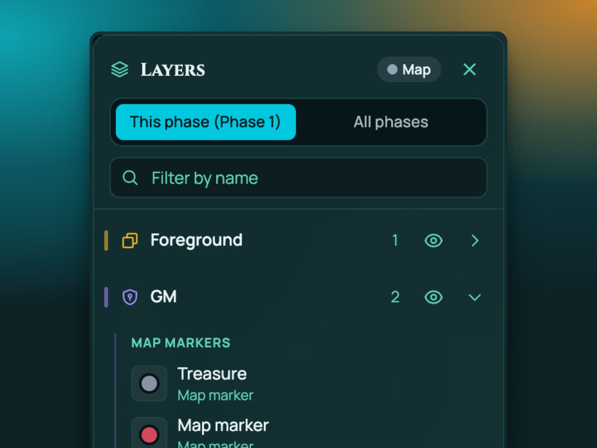 Screenshot: the Layers panel showing a scene's Foreground, GM, Tokens and Map layers, with the GM layer opened to reveal two map markers named Treasure and Map marker