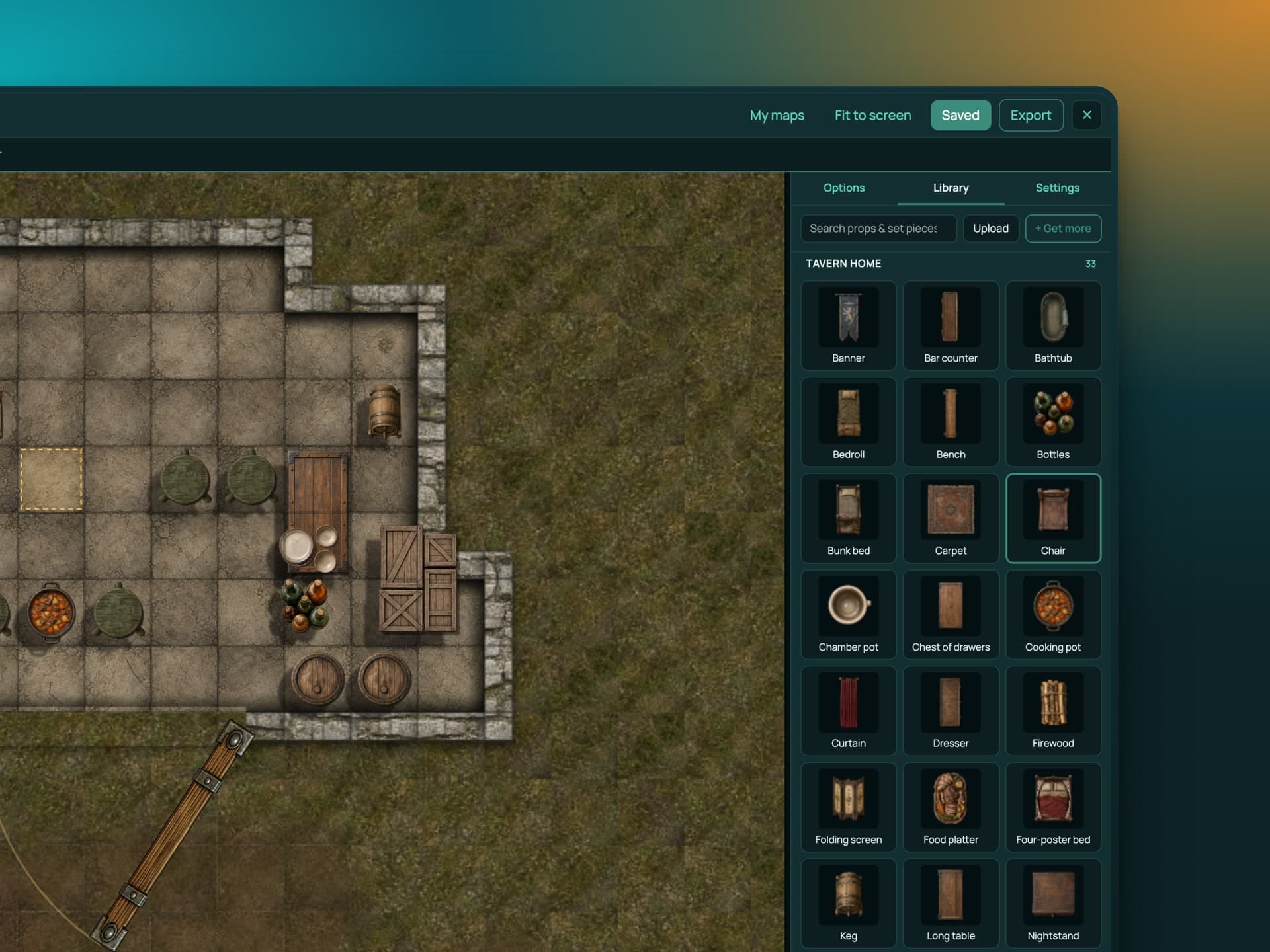 Screenshot: the map builder with a stone-walled tavern room part furnished with tables, barrels and crates, and the Tavern Home prop library open beside it with a chair selected to place