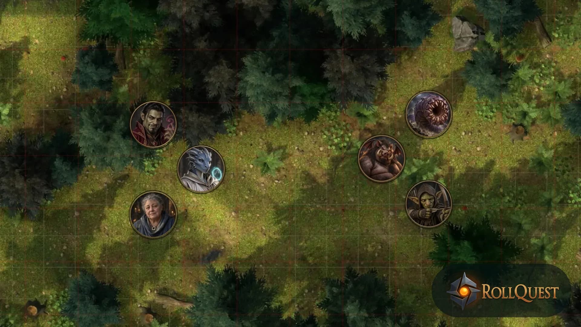 A party of three adventurers on a forest road in RollQuest, facing a goblin archer, a tusked boar-headed brute and a purple worm across the clearing