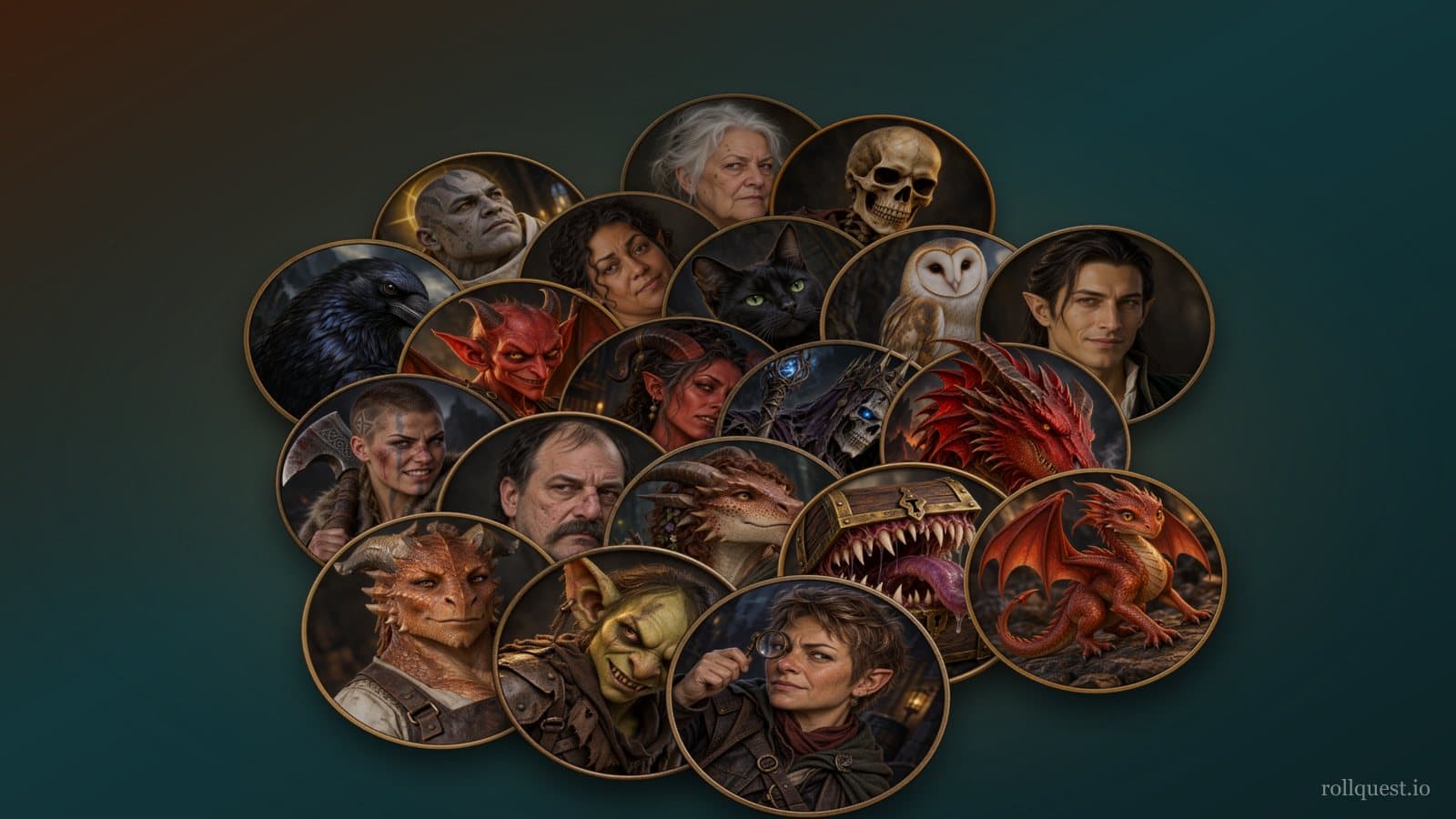 All 20 avatars heaped in a pile: five heroes, five monsters, five townsfolk and five familiars