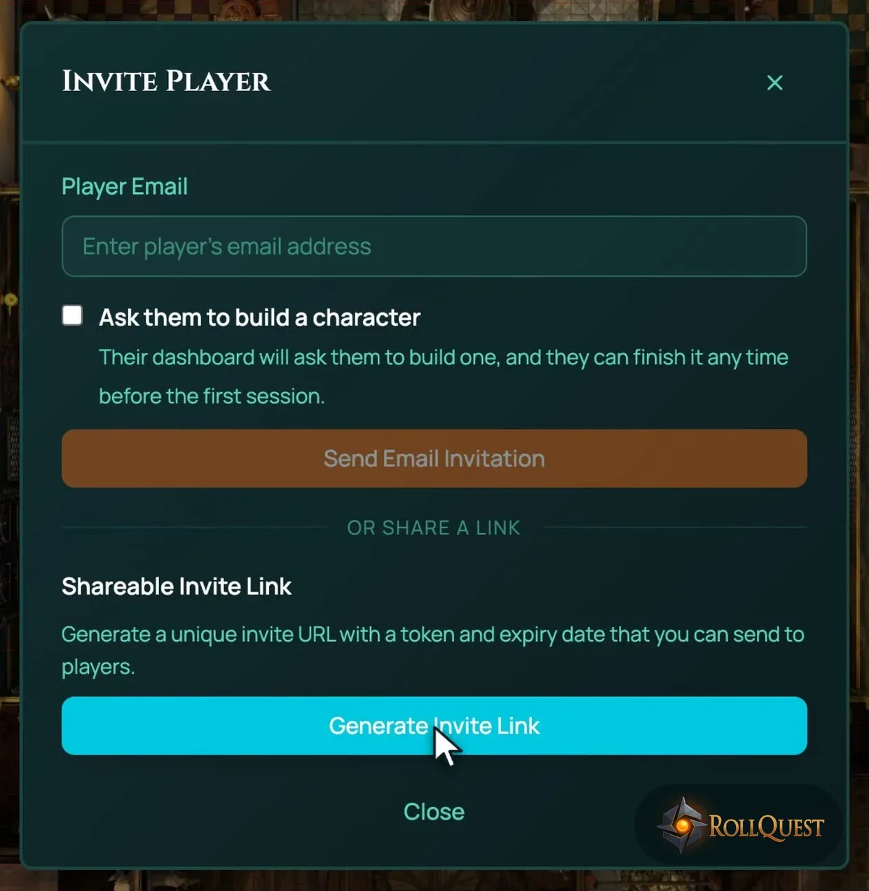 The Invite Player dialog in RollQuest: a player's email address, an “Ask them to build a character” box, and a button to generate a shareable invite link
