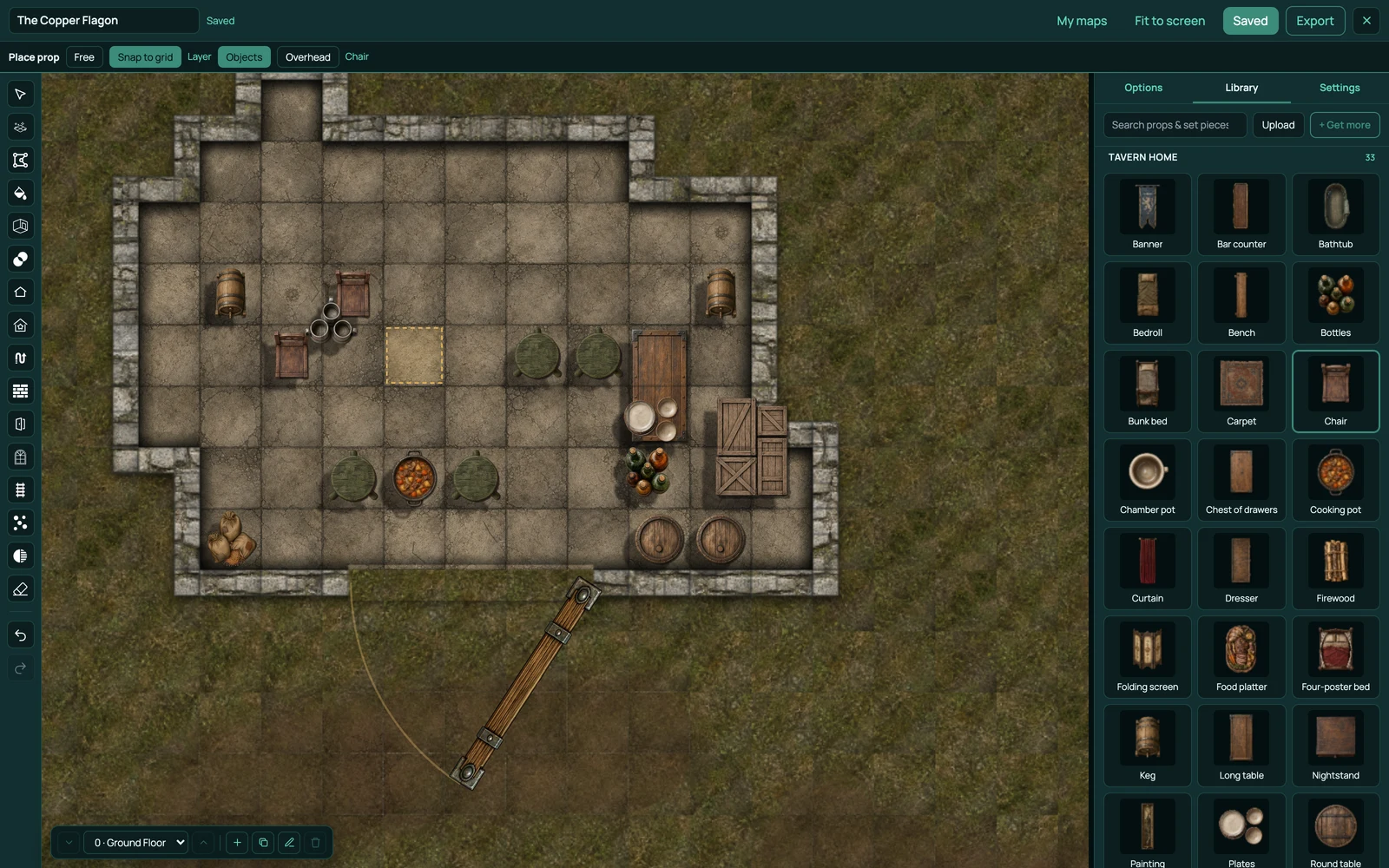 A map built inside RollQuest in the browser: a stone tavern room with its walls and door already blocking sight, furnished from asset packs, nothing installed and nothing hosted