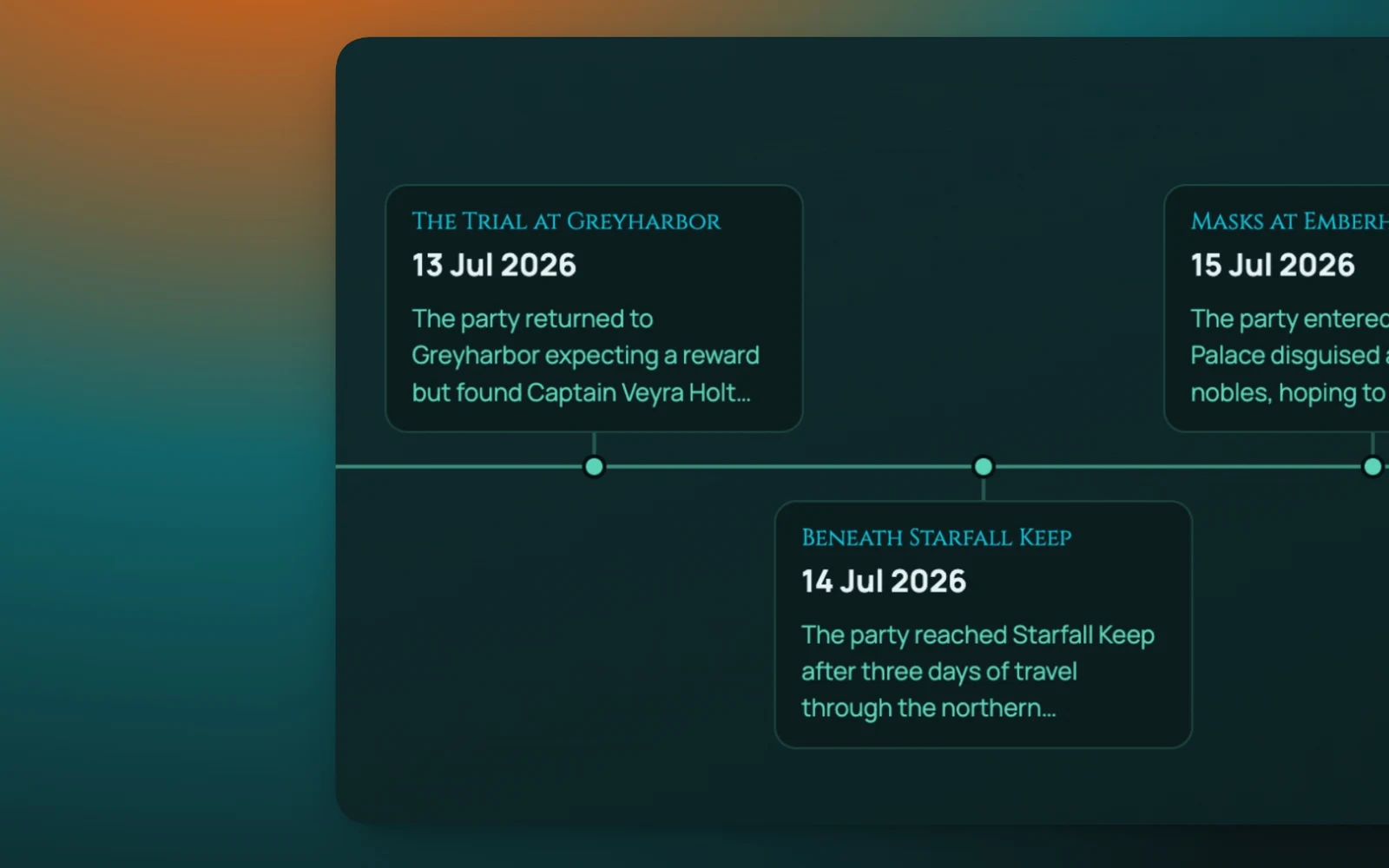 The RollQuest campaign journal open in the same window as the board, showing dated entries and the people and places they link to - the kind of thing a shared battlemap leaves to extensions