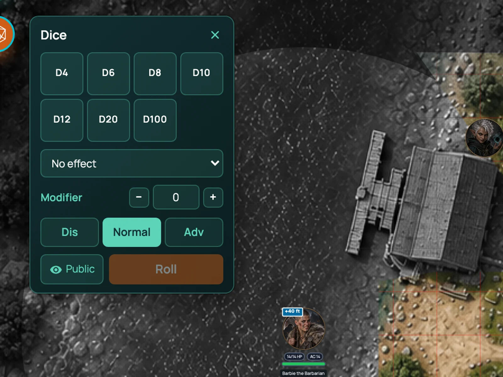 The RollQuest dice menu open on the board, with d4 to d100 buttons, an effect picker, modifier and advantage controls