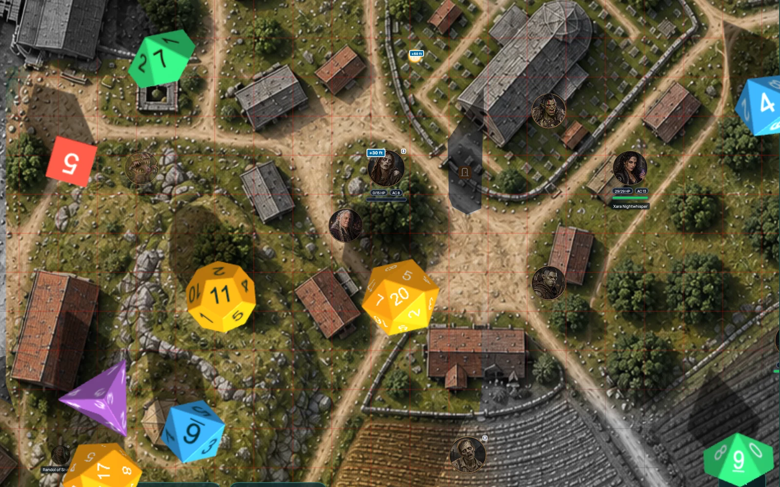 Ten 3D dice in different colours and denominations mid-roll on a sunlit village map with character tokens