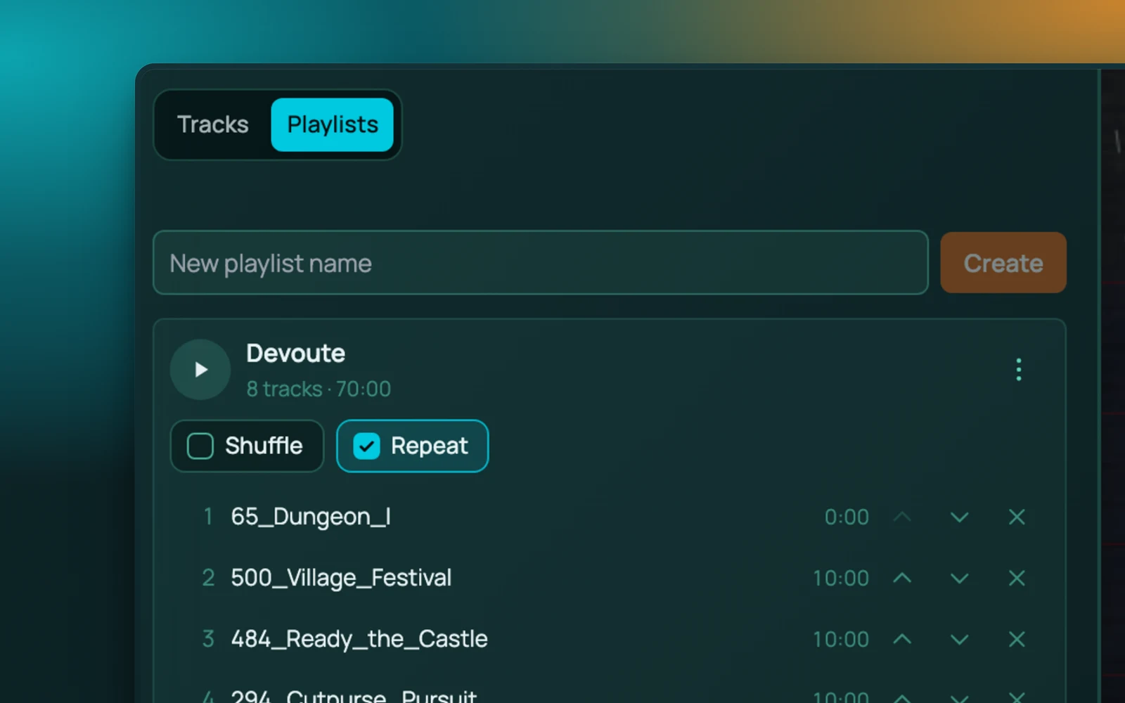 A RollQuest music playlist open beside the board: a named playlist of eight tracks with shuffle and repeat, each track listed with its length and controls to reorder or remove it