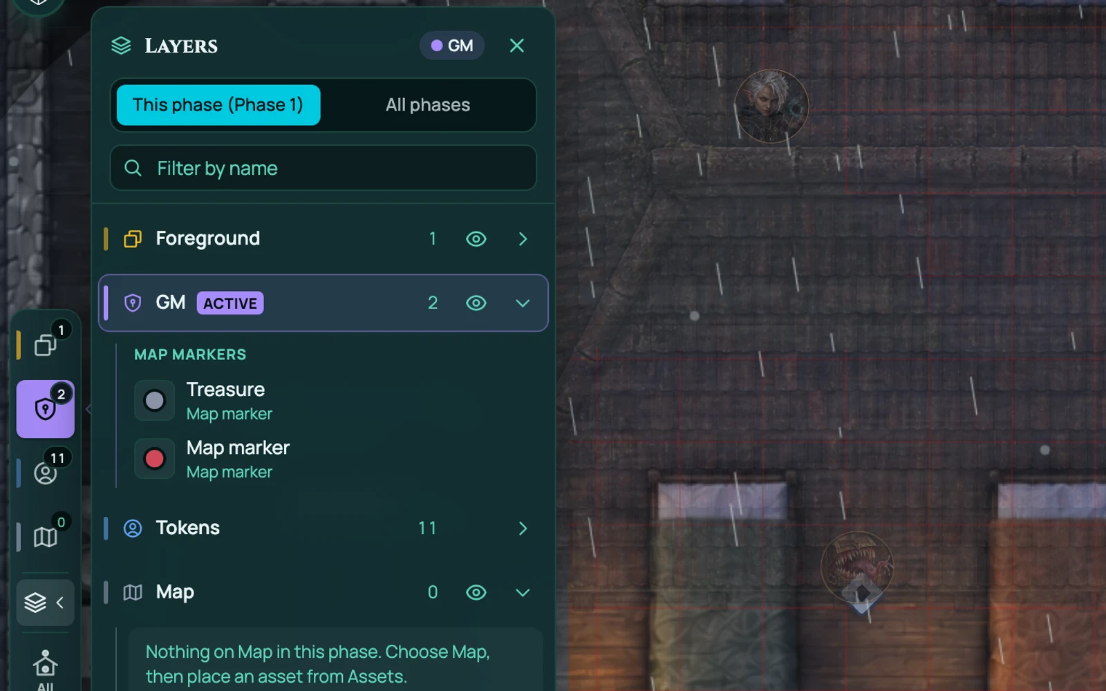 The Layers panel open on the board, showing Foreground, GM, Tokens and Map layers with their counts and visibility