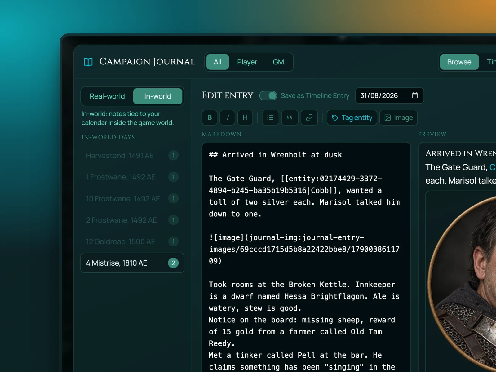 A campaign journal entry being written in RollQuest: in-world days listed down the side, the entry in markdown on the left with a tagged NPC, and the rendered result with the NPC's portrait on the right