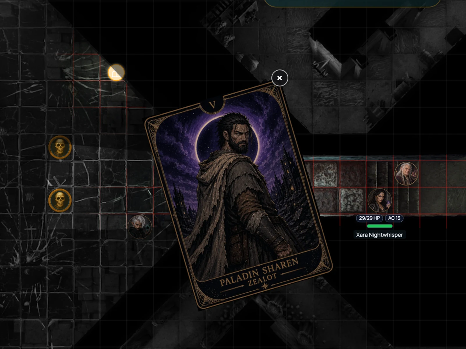 A character card, Paladin Sharen the Zealot, played onto the battle map at an angle beside the party's tokens