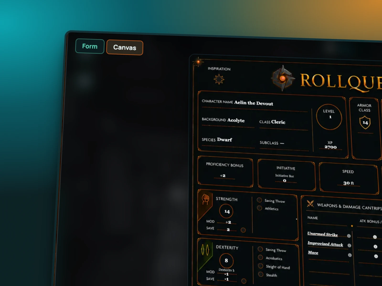Aelin the Devout's character sheet in RollQuest's Designed View: the whole sheet as one laid-out page with its fields live, and the Form and Canvas views switchable at the top