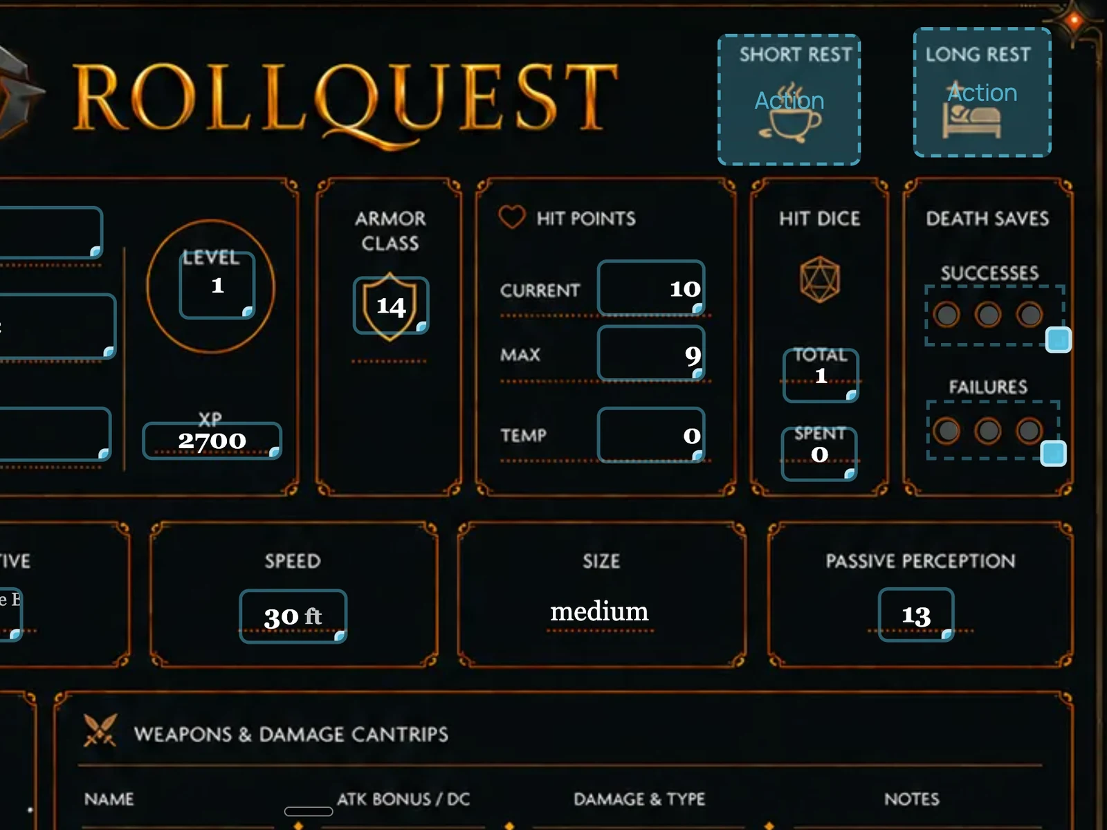 A RollQuest Designed View character sheet in edit mode, each interactive field outlined in blue over the custom artwork