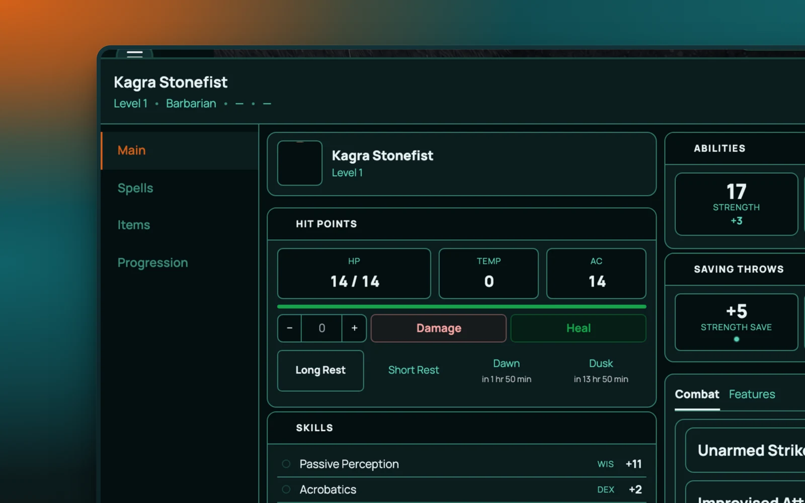 A RollQuest 5e character sheet open beside the board, showing Kagra Stonefist's stats, hit points and skills