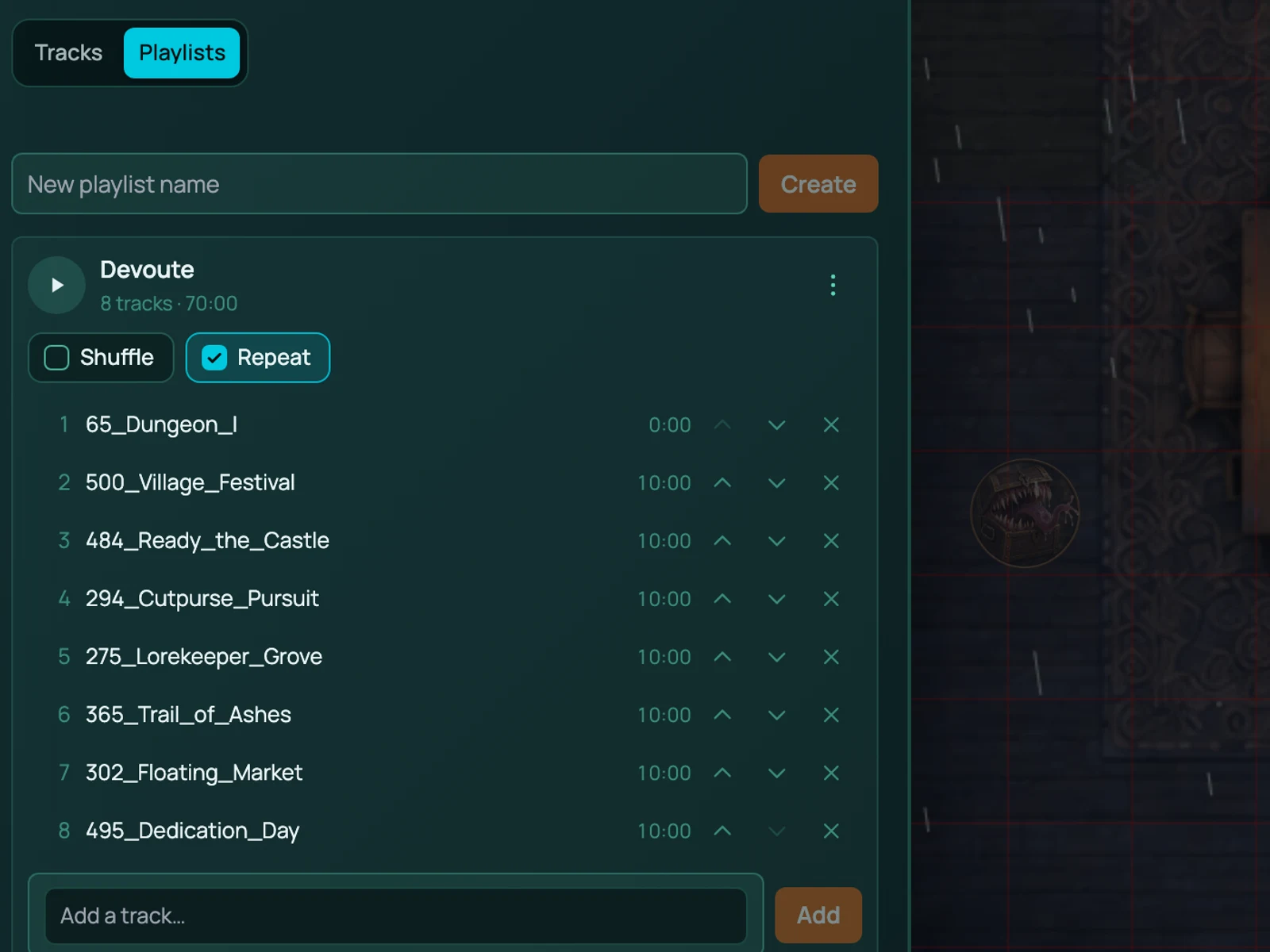 A battle playlist open in the RollQuest Music Library, showing its eight tracks with shuffle and repeat