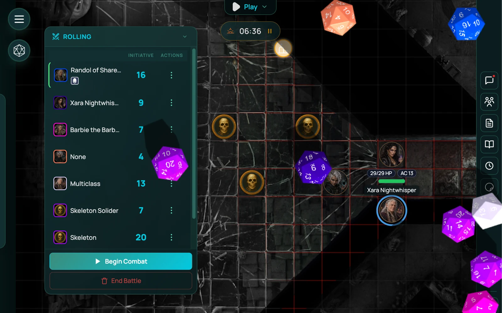 Initiative rolling in RollQuest: the tracker listing the whole table with each roll beside it, dice still tumbling across the battle map, and Begin Combat waiting at the bottom