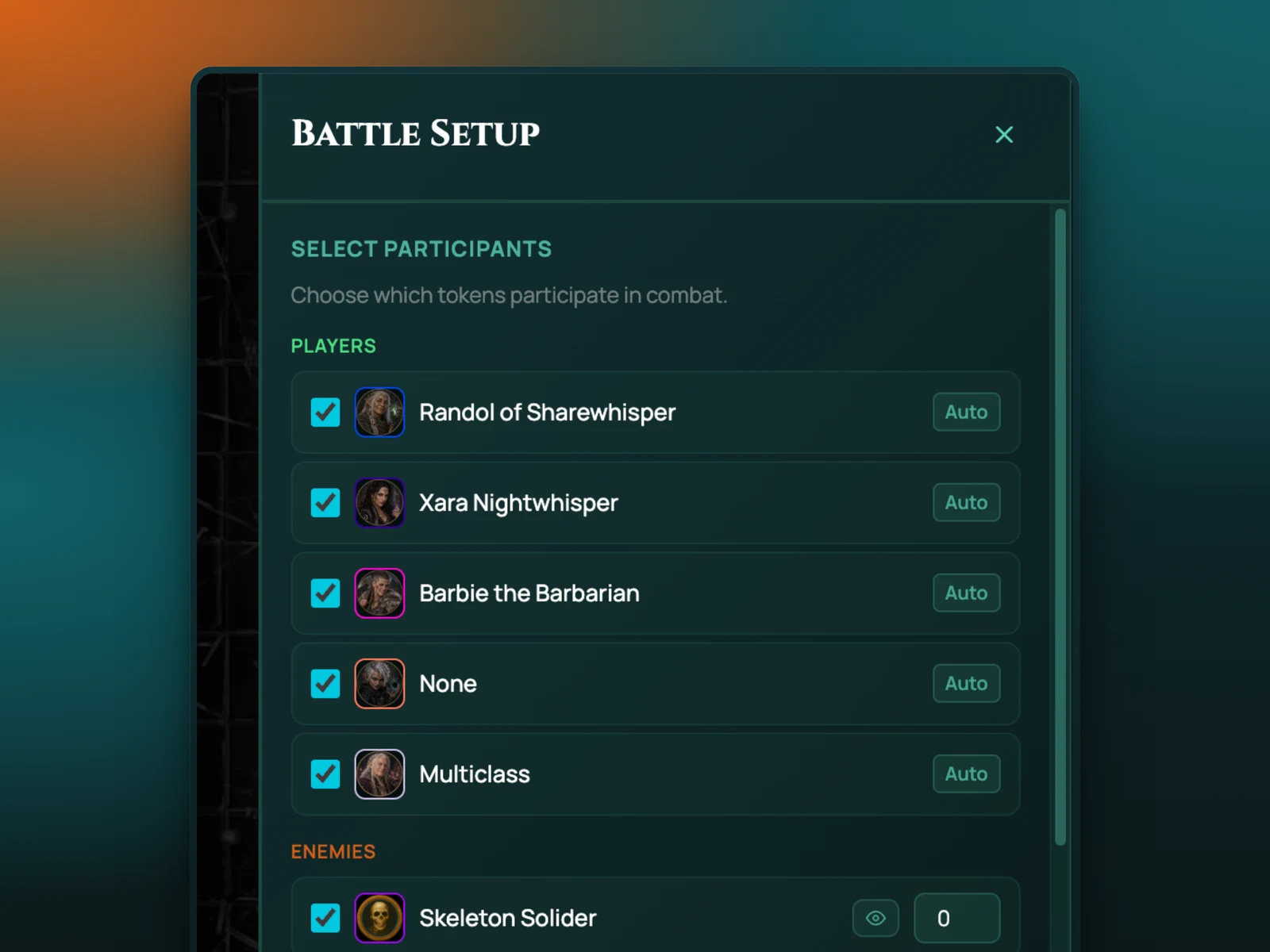 The RollQuest Battle Setup dialog: every token on the map listed with a tick, the party above and the enemies below, each one set to roll its own initiative