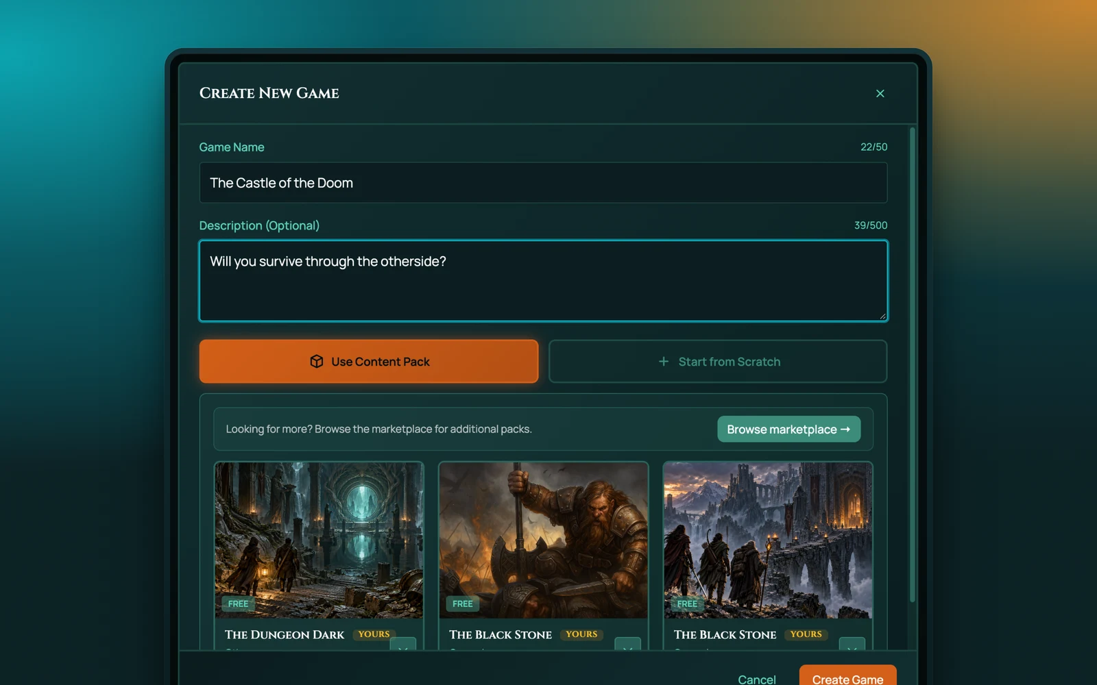Creating a game from a content pack in RollQuest: a name and description filled in, Use Content Pack chosen over Start from Scratch, and three packs offered below it