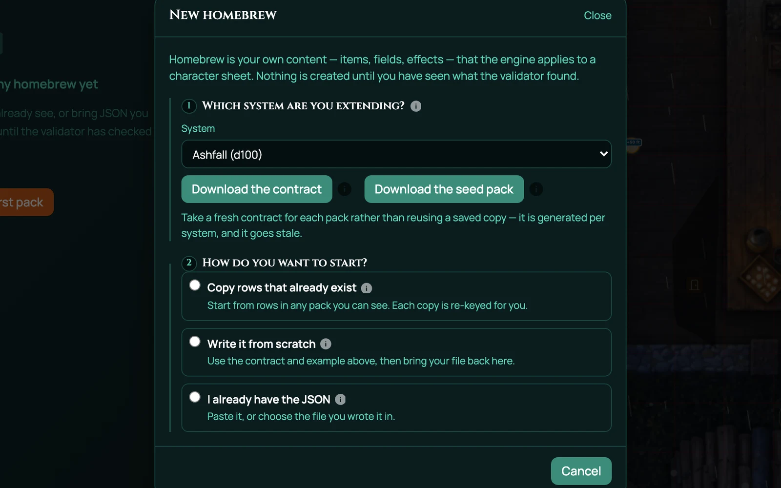 The New Homebrew dialog in RollQuest: pick the system you are extending, download the contract, then copy rows, write from scratch or paste your JSON