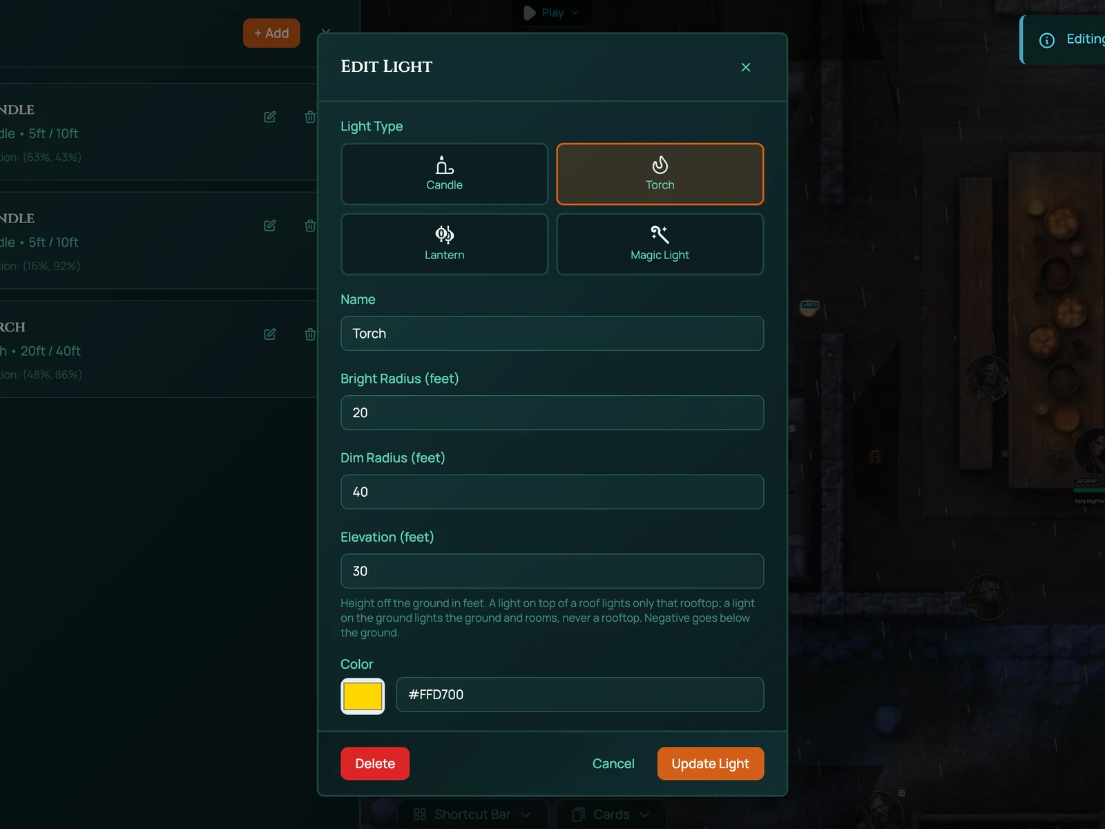 The RollQuest light editor open on a torch, with light type, bright and dim radius in feet, elevation and colour