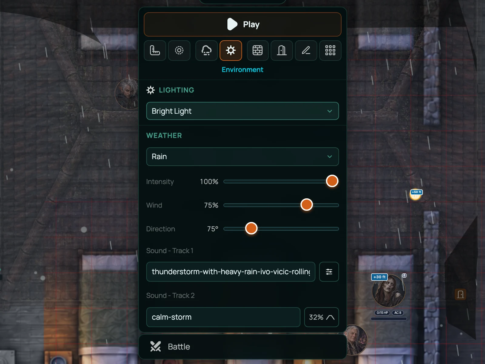 The Environment panel open on the board, showing the lighting preset, weather, intensity, wind and ambient sound tracks