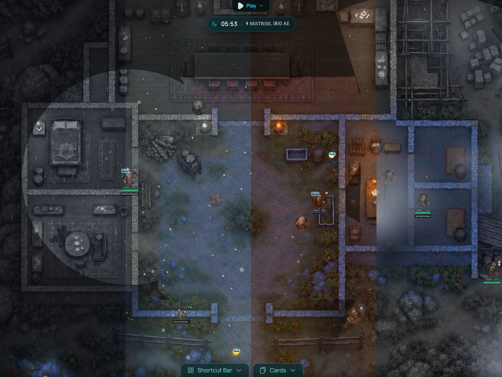 Four RollQuest weather presets over the same courtyard, side by side: rain, snow, firestorm and storm clouds, each one a layer over the scene rather than a different map
