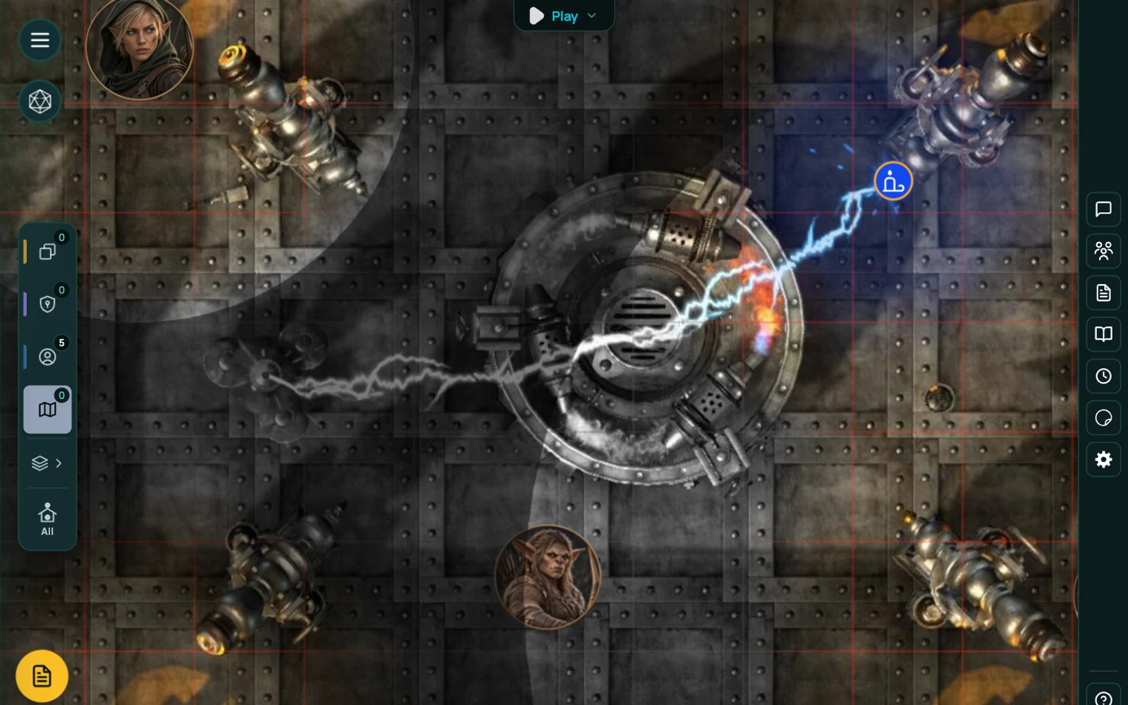 Coloured light on a RollQuest battle map: a great riveted machine throwing white and blue arcs across an iron chamber, its glow picking out the brass engines in each corner while the far side of the room stays in shadow