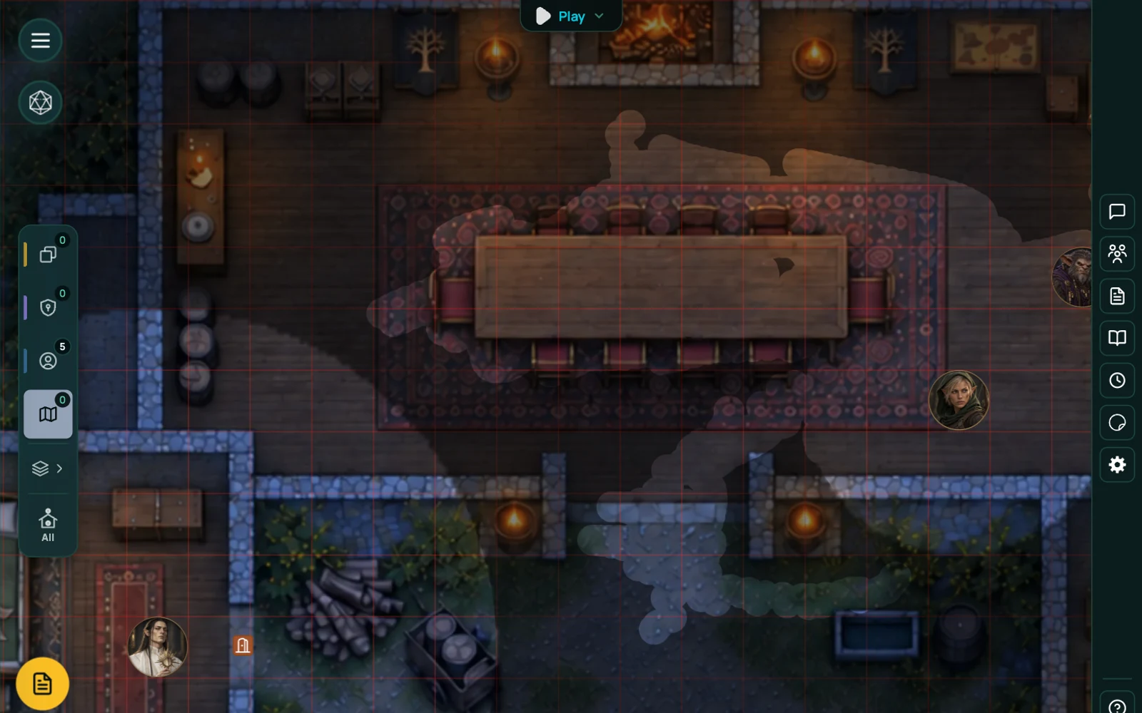 Fog brushed back off a whole chamber in RollQuest: the cleared region's soft edge runs across the hall and out through the doorway, with the party's tokens sitting inside it and the rest of the building still dark