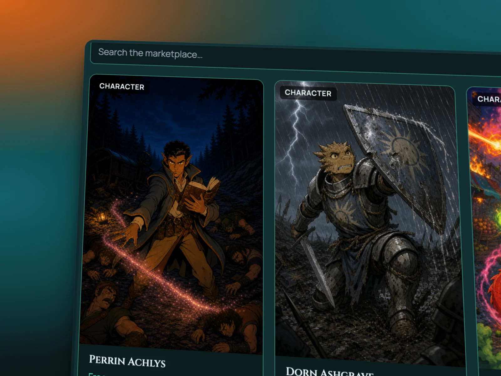 The RollQuest marketplace shown at an angle, with ready-made character cards on the storefront