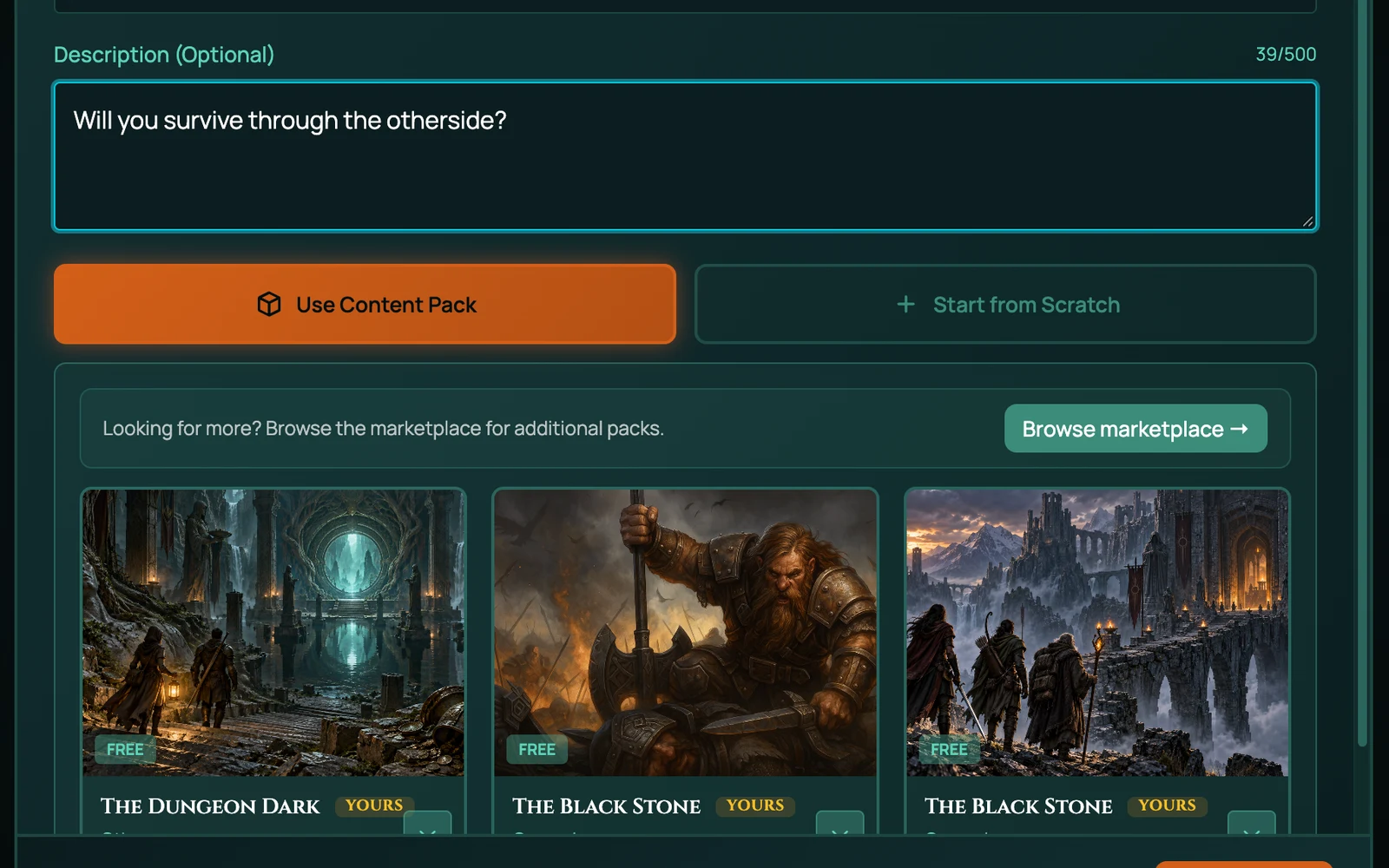 Creating a game in RollQuest: a name and description filled in, the choice between a content pack and starting from scratch, and three owned packs to pick from
