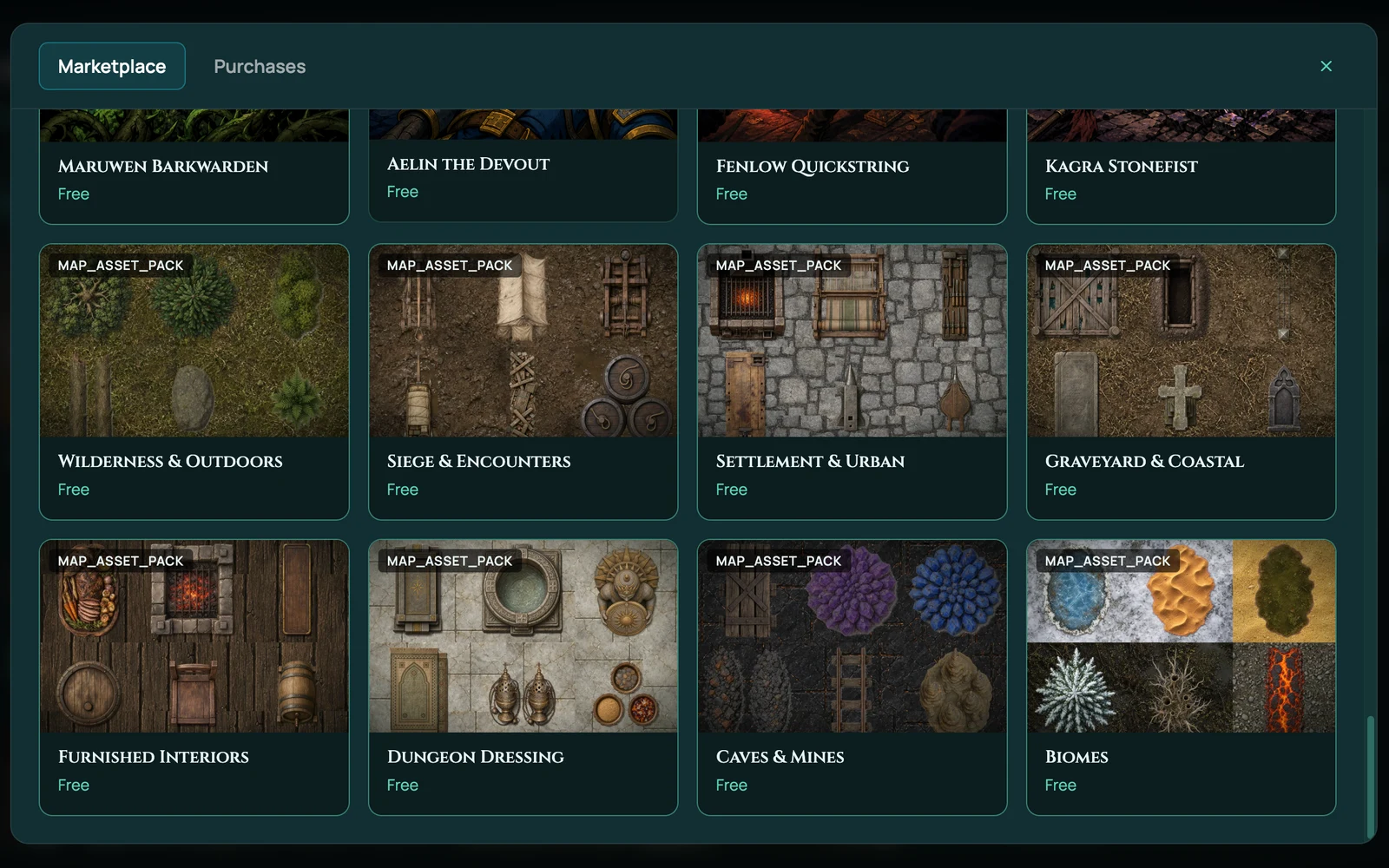 Map asset packs in the RollQuest marketplace: wilderness, siege, settlement, graveyard, furnished interiors, dungeon dressing, caves and biomes, each card showing the tiles and props it carries
