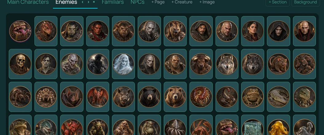 The GM asset drawer open on the Enemies page, a grid of creature portraits beside tabs for main characters, familiars and NPCs