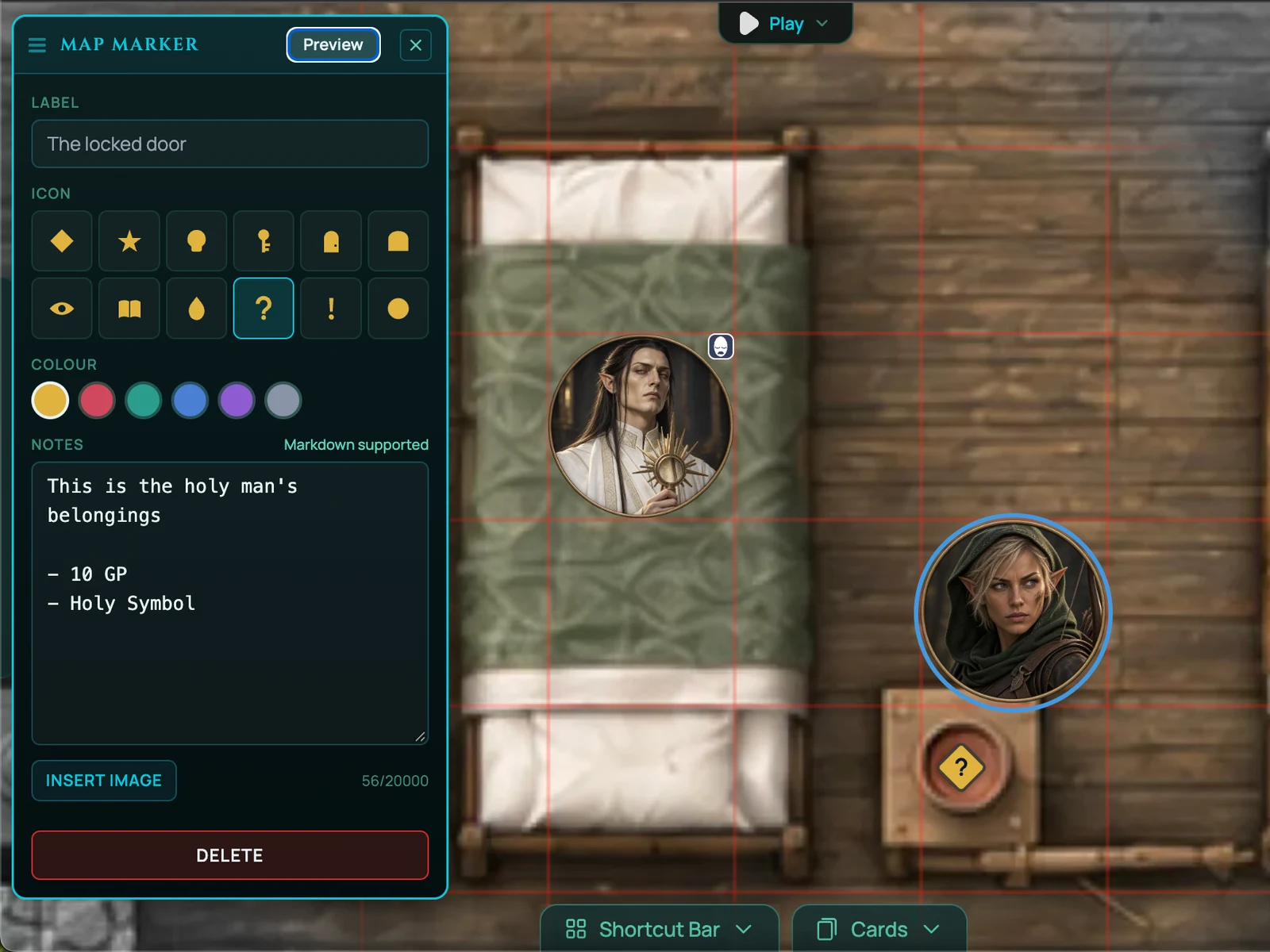 A map marker being written in RollQuest: a label, an icon and colour picked from the sets offered, and a Markdown note listing what is in the chest, with the marker itself sitting on the board beside the party