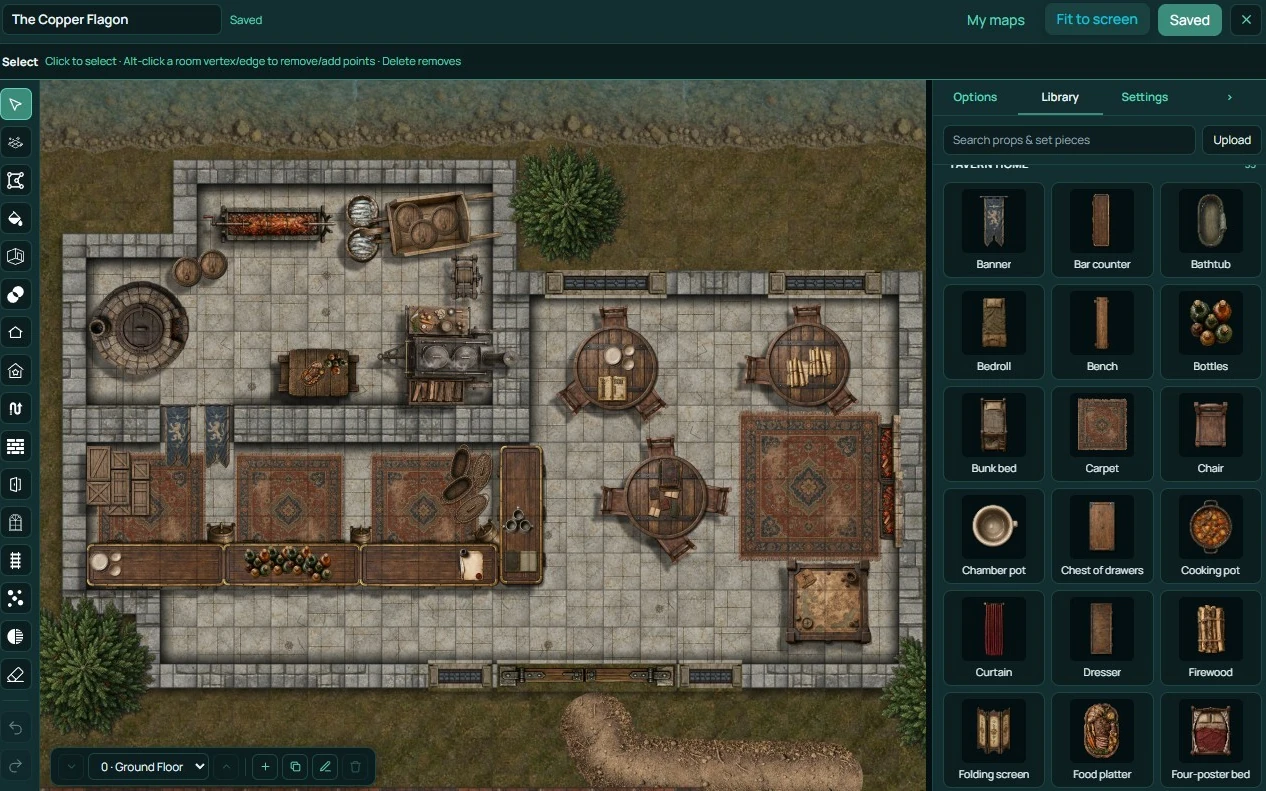 The RollQuest map builder with a finished tavern: a stone inn furnished from the Tavern Home prop library with a bar counter, round tables and chairs, carpets, a hearth turning a spit and a well in the yard, and the prop library open beside the map