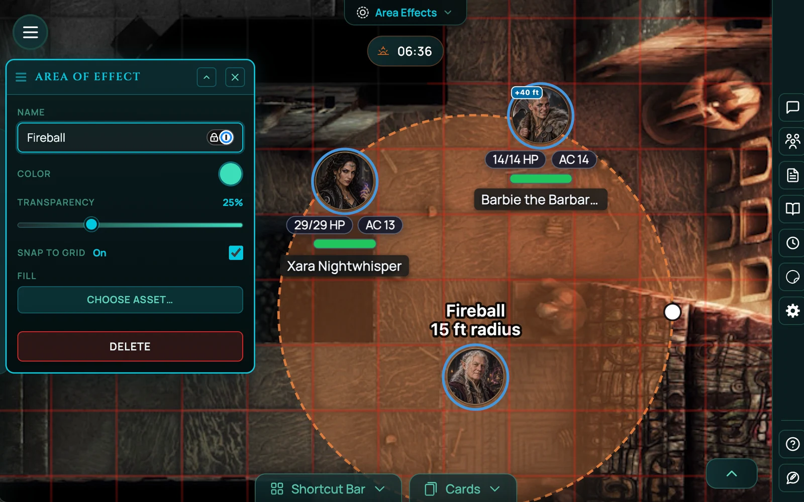 A fireball template on a RollQuest battle map: a 15 ft radius circle named Fireball covering three of the party, with its colour, transparency and snap-to-grid open beside it