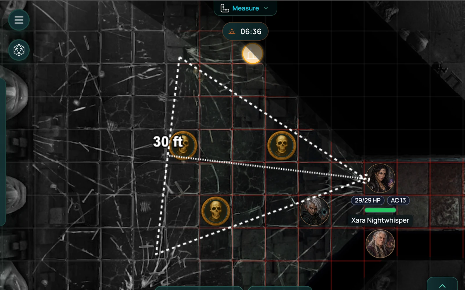 A multi-point path measured across a RollQuest crypt, each leg drawn on the board and the distance shown against the grid rather than as a straight line