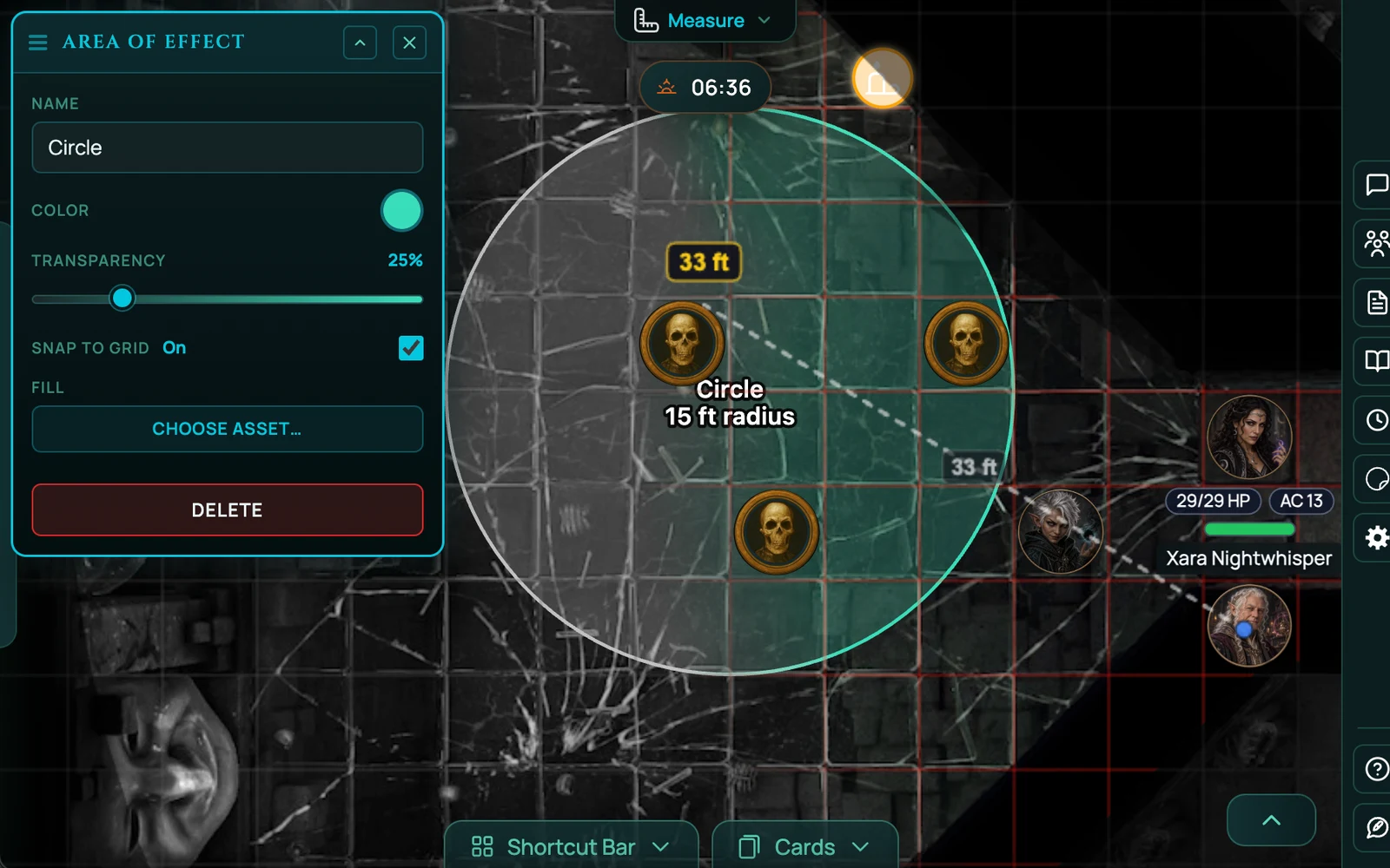 A 15 ft radius circle over three skeletons on the shared RollQuest board, with a 33 ft measurement running out to the party, both drawn where the whole table can see them