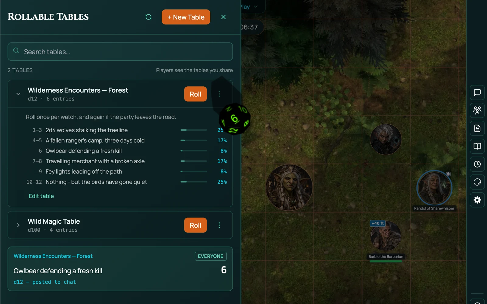 A rolled table in RollQuest: a d12 still turning beside the panel and the result card below it, Owlbear defending a fresh kill on a 6, posted to chat for everyone