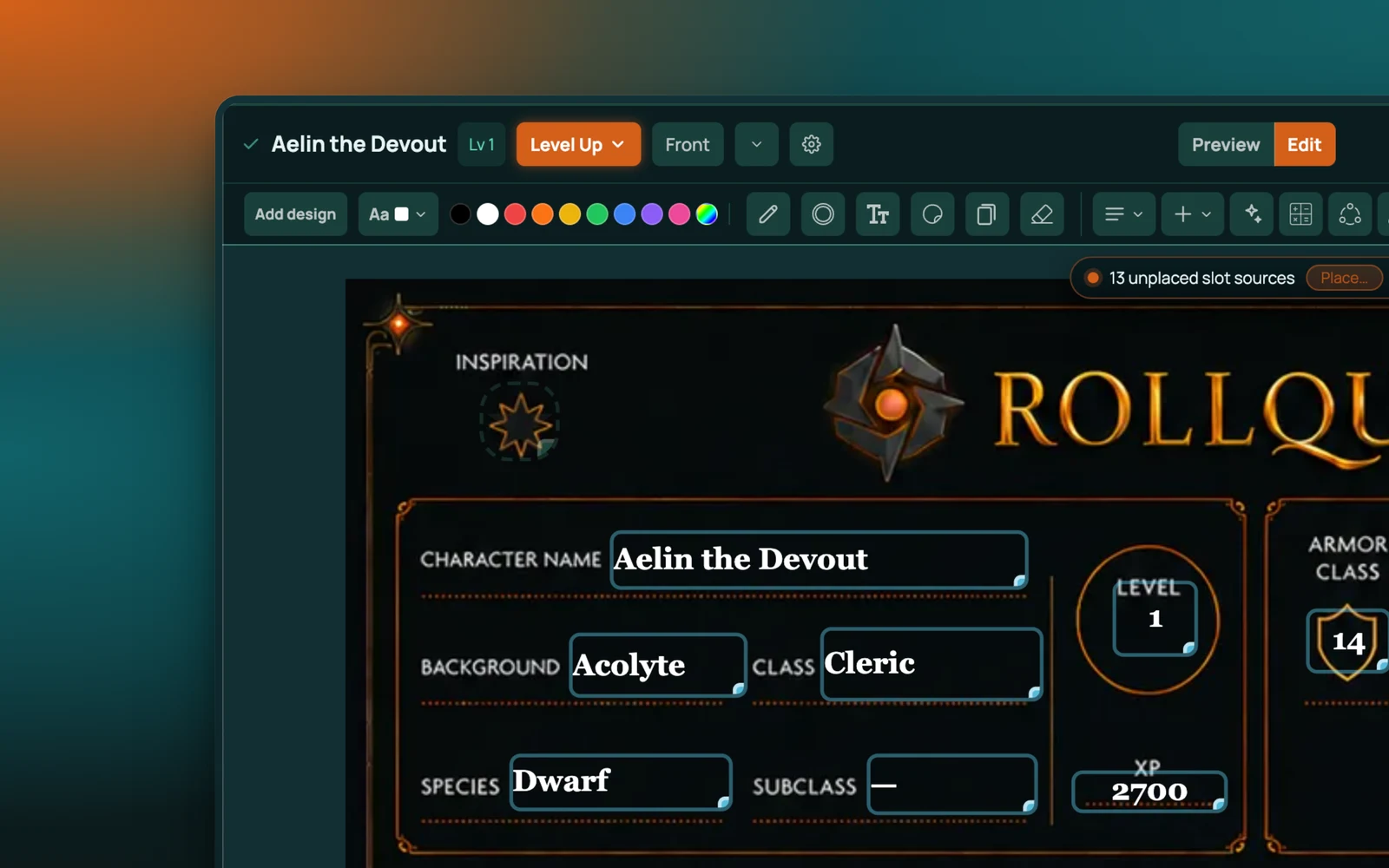 The RollQuest sheet designer in authoring mode: the design toolbar with its colour palette and block tools above a character sheet mid-build, thirteen slot sources still waiting to be placed