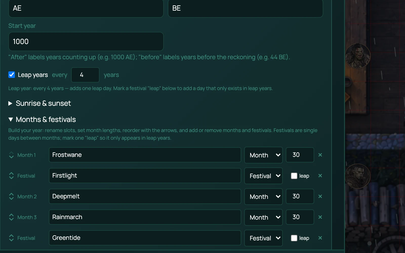 Building an in-world calendar in RollQuest: era labels, start year, leap years and the list of months and festivals