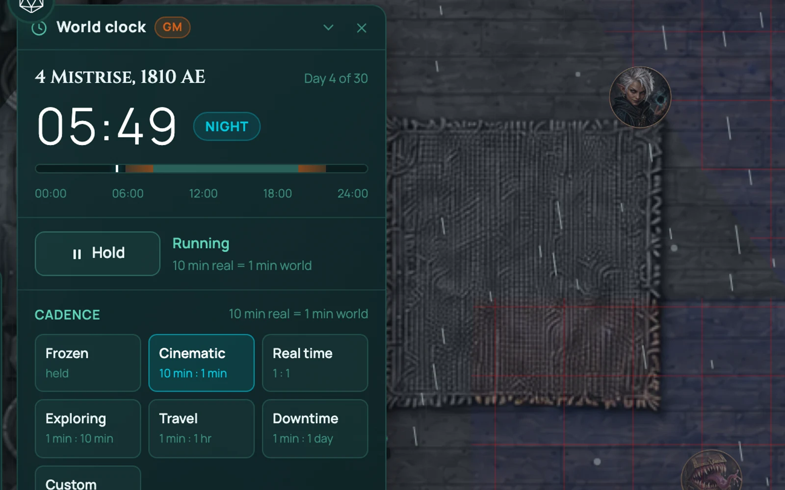 The RollQuest world clock open on the board, showing the in-world date, time of day and the cadence presets