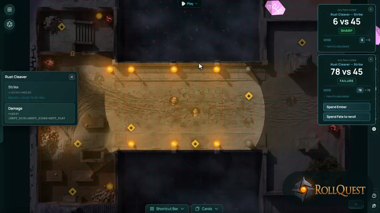 An Ashfall game in RollQuest: a Strike rolled from the sheet on a lamplit bridge map, with the result cards naming each roll Sharp or Failure against the skill