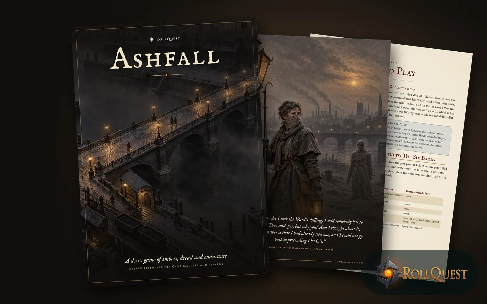 The Ashfall rulebook: its cover, a lamplit bridge under falling ash, in front of an illustrated page of a lamplighter and the How to Play chapter