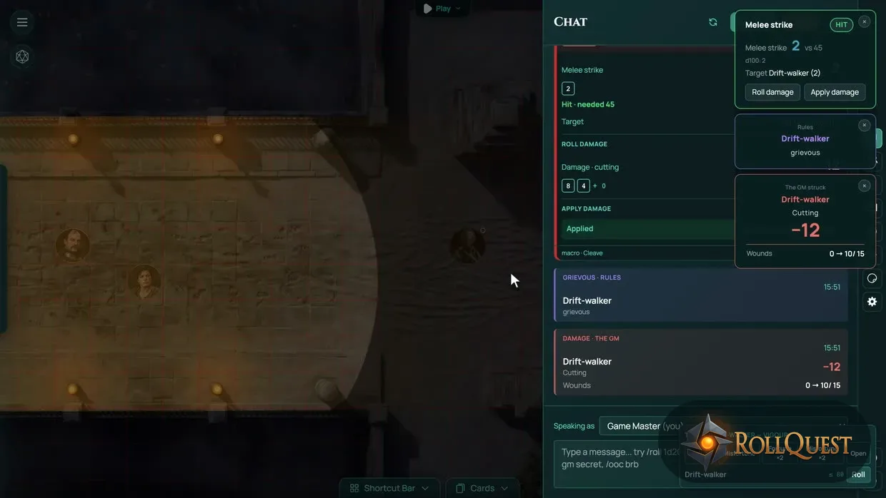 An Ashfall strike landing in RollQuest: the attack, the damage roll and the Wounds it deals to a drift-walker, each shown as a card in the chat